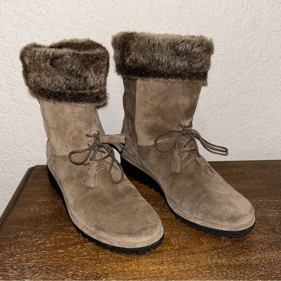 Stuart Weitzman Sockette Suede Leather Faux Fur Wedge Boot Shoes - Picture 2 of 12